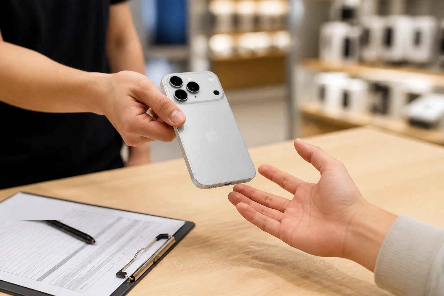 携帯ショップのカウンターで店員から手渡されるiPhone 18 Pro