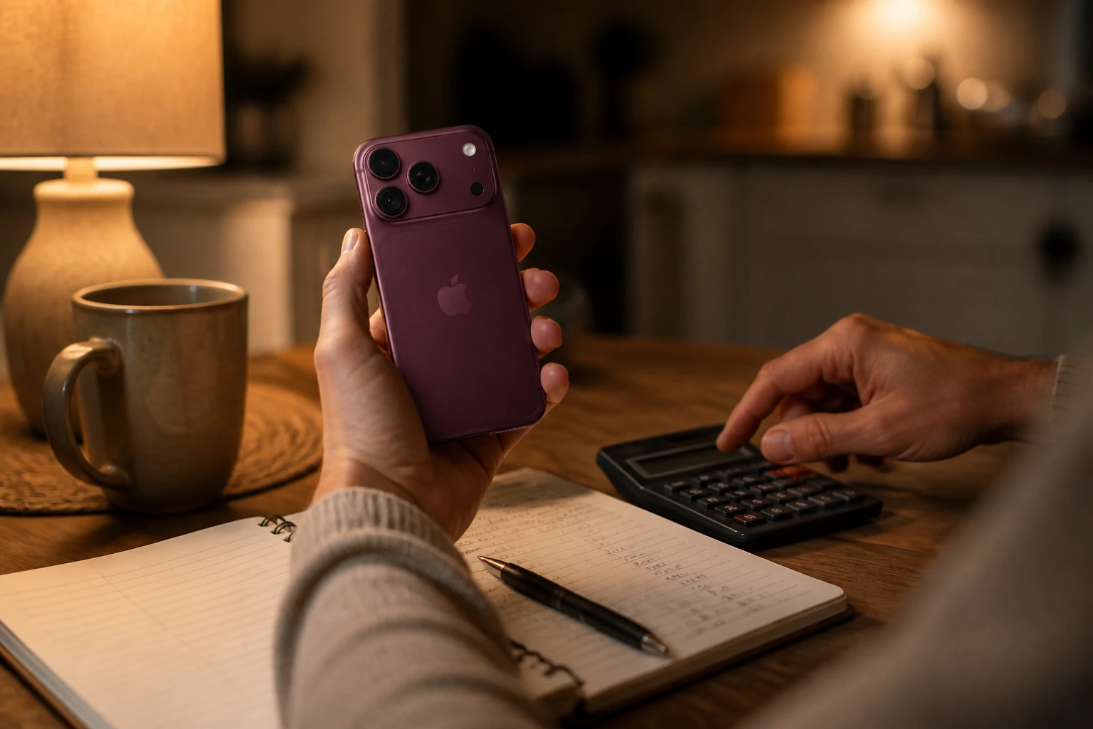 自宅の机で電卓を使いながらiPhone 18 Proの保険料を比べている様子