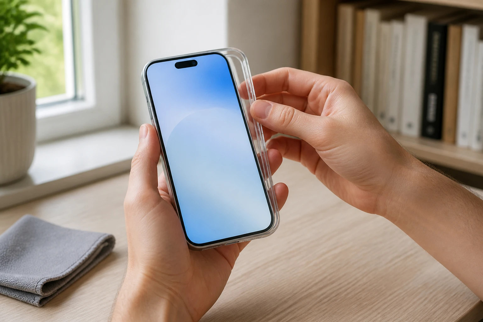 画面を上にしたiPhone 18 Proに透明ケースを装着しようとしている手元