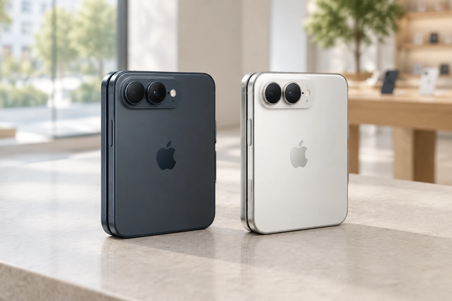 iPhone Duoの2色(ナイトスカイ・スターホワイト)を折りたたんだ状態で並べた写真