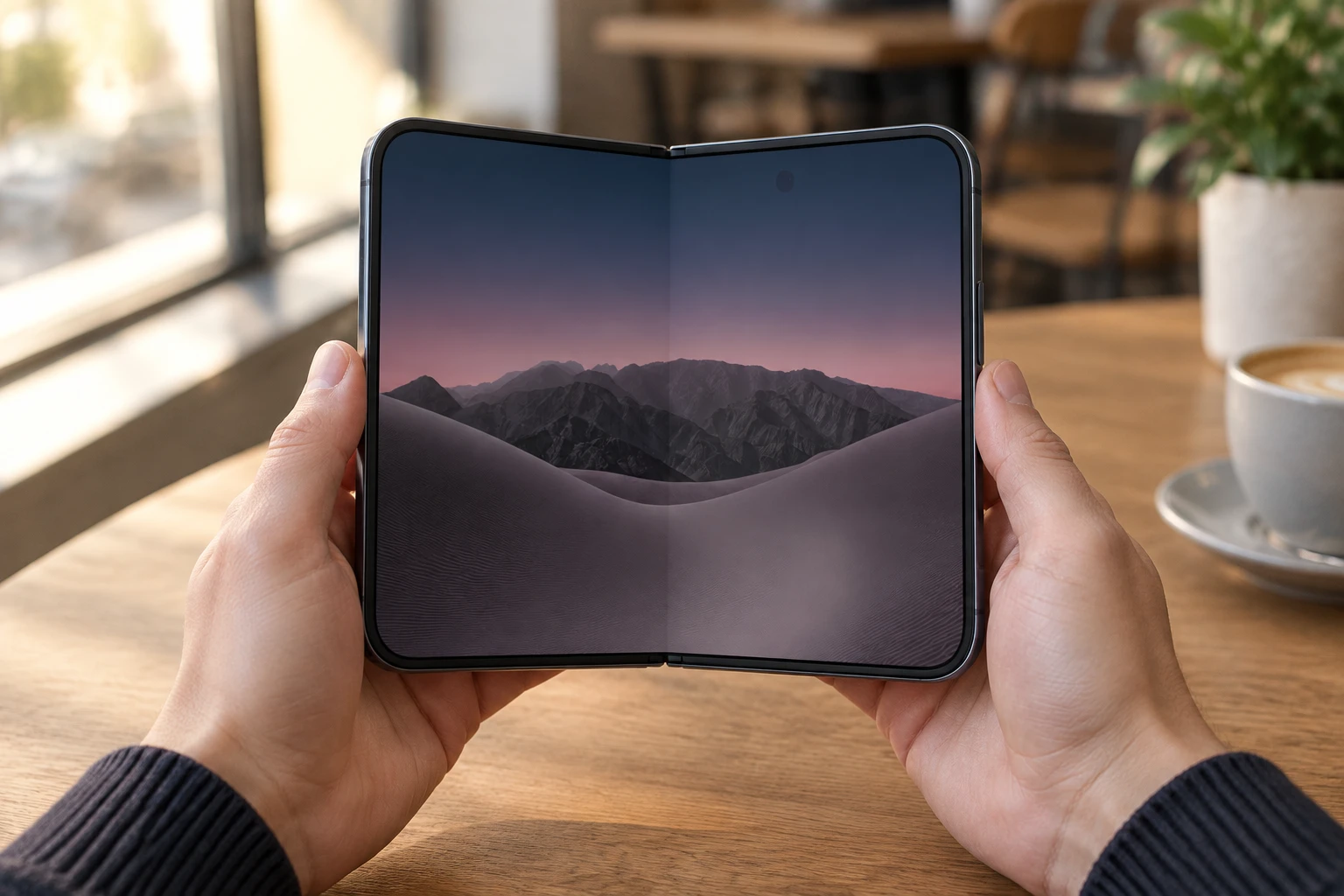 iPhone Duoを両手で開いて大画面を見ている様子