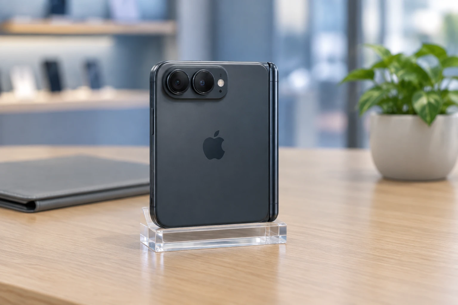 携帯ショップのカウンターに置かれた折りたたんだ状態のiPhone Duo