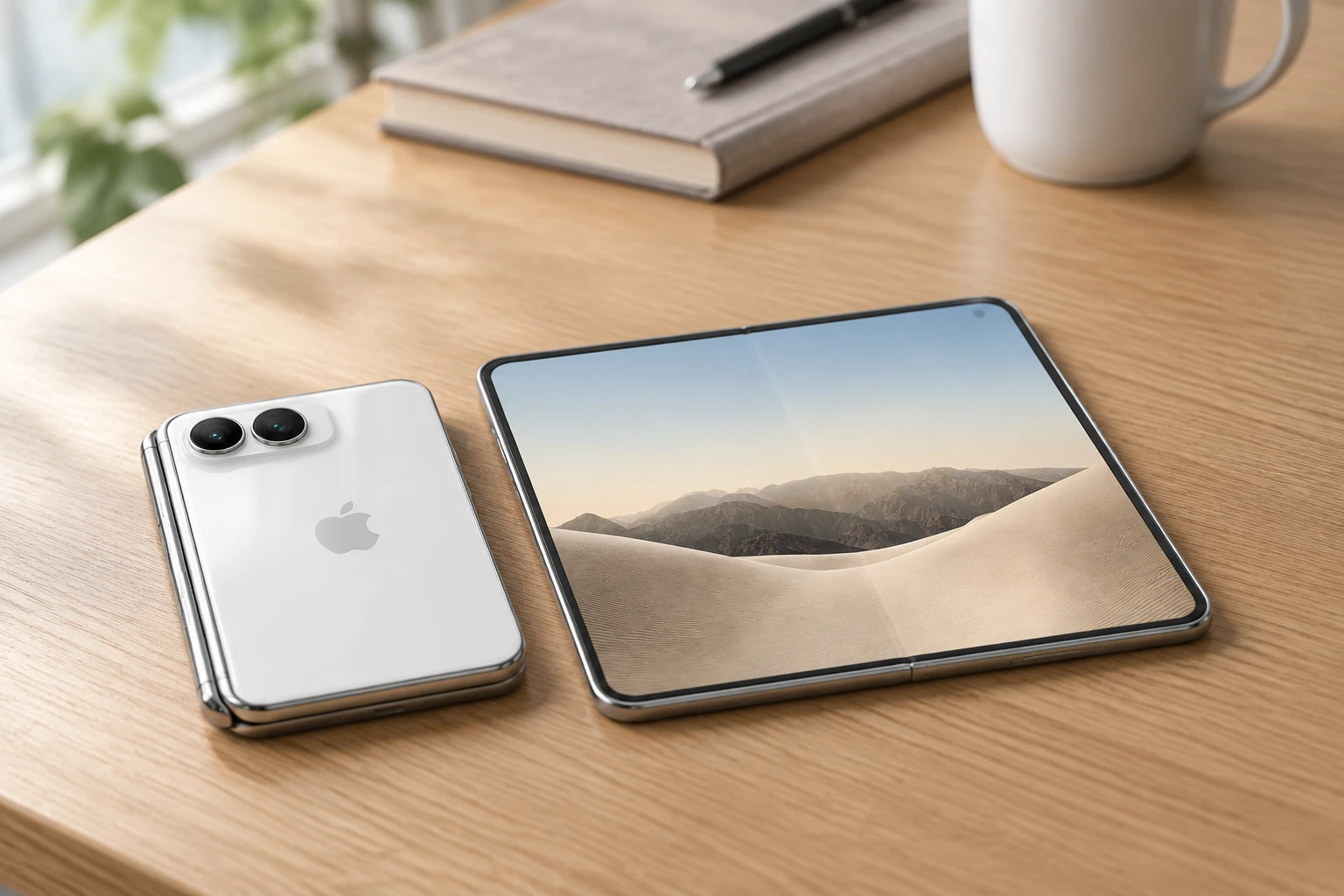 デスクに平らに置かれた、折りたたんだ状態と開いた状態のiPhone Duo