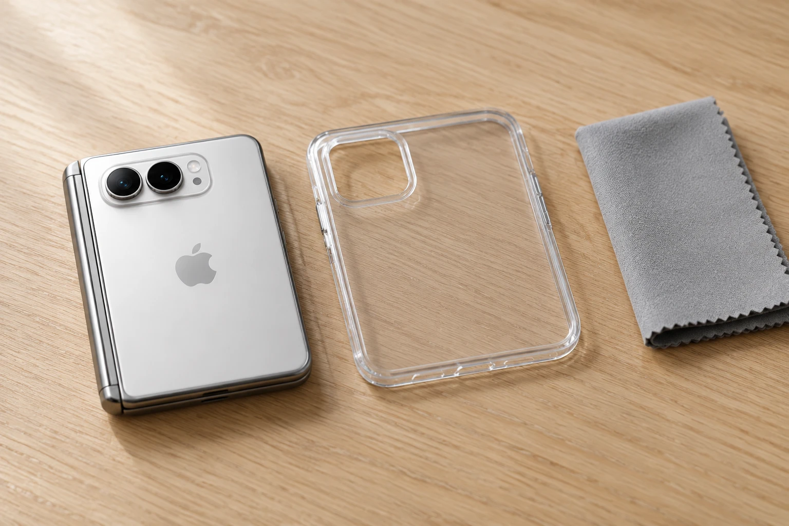 折りたたんだiPhone Duoと、その横に置かれた透明ケースとクリーニングクロス
