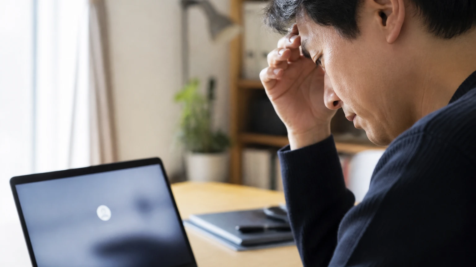 パスワードがわからずログイン画面の前で考え込む保護者