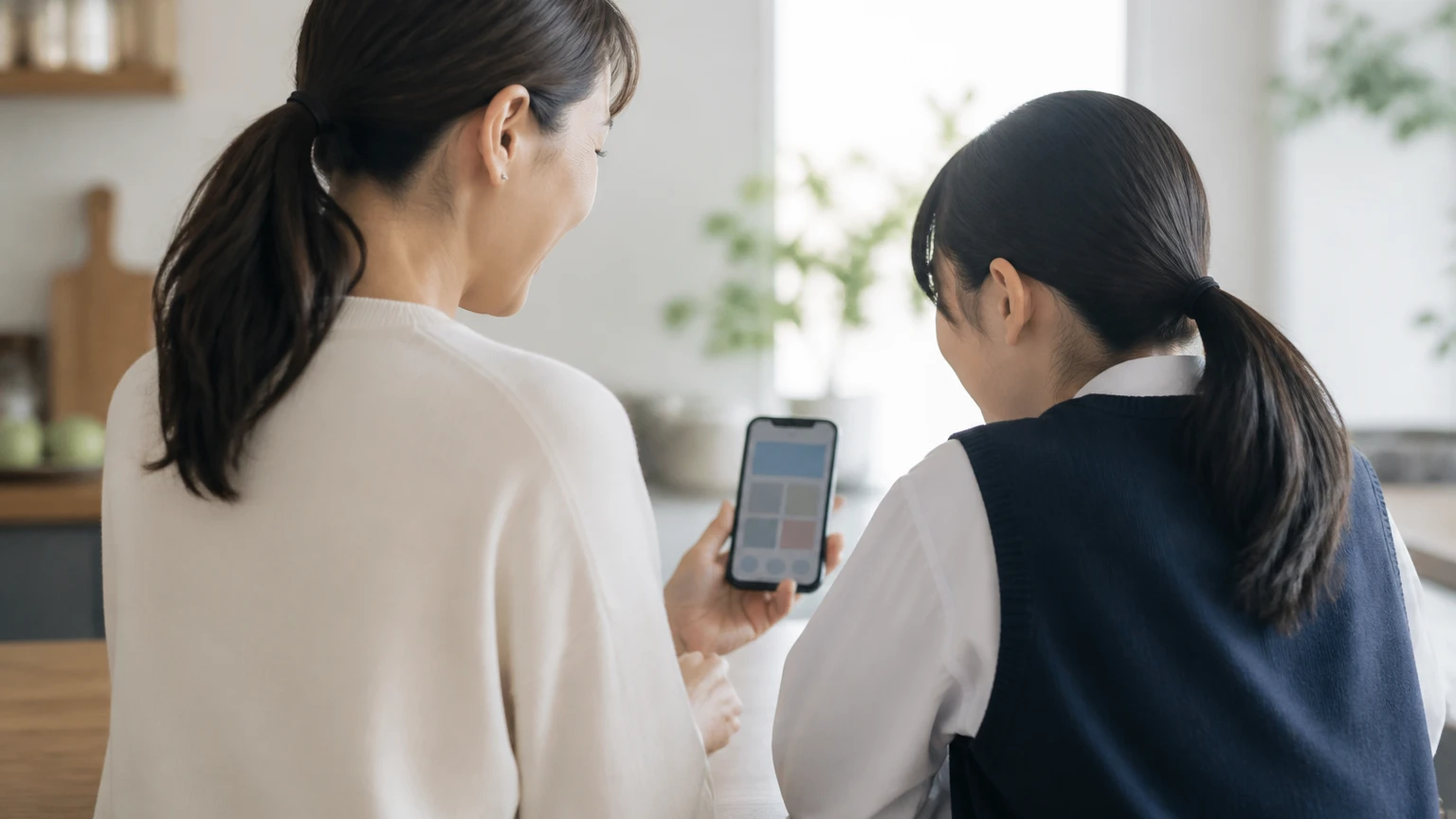 保護者と子どもがスマートフォンの使い方を相談する様子