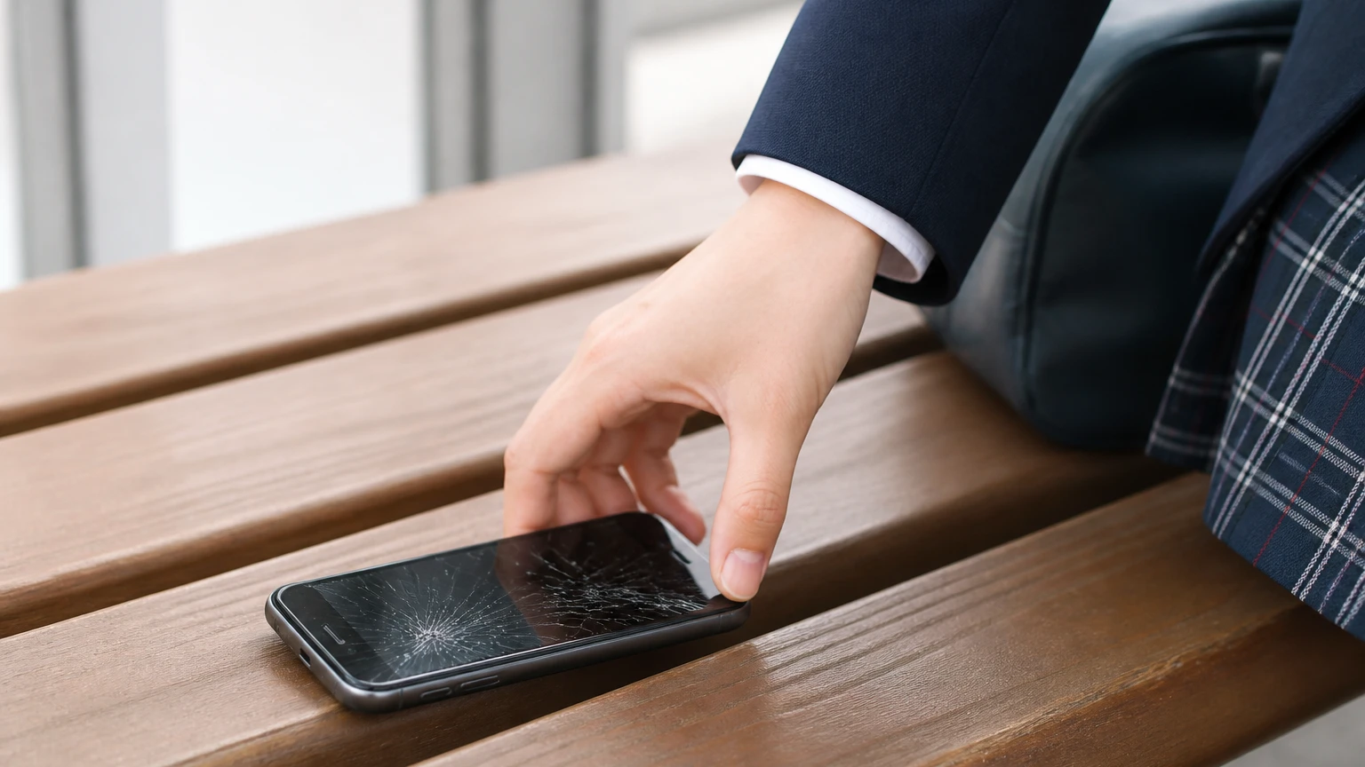 画面が割れたスマートフォンを拾い上げる学生の手元