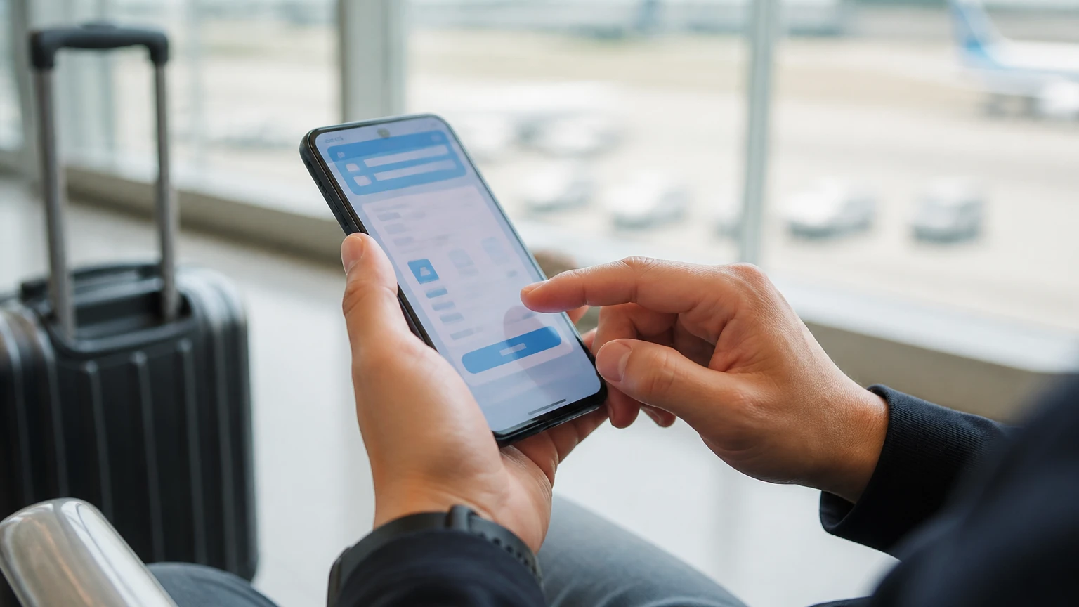空港のロビーでスマートフォンから予約を操作する手元