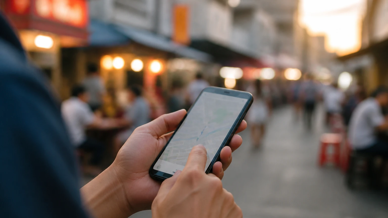 旅行先の街で地図アプリを見るスマートフォンの手元
