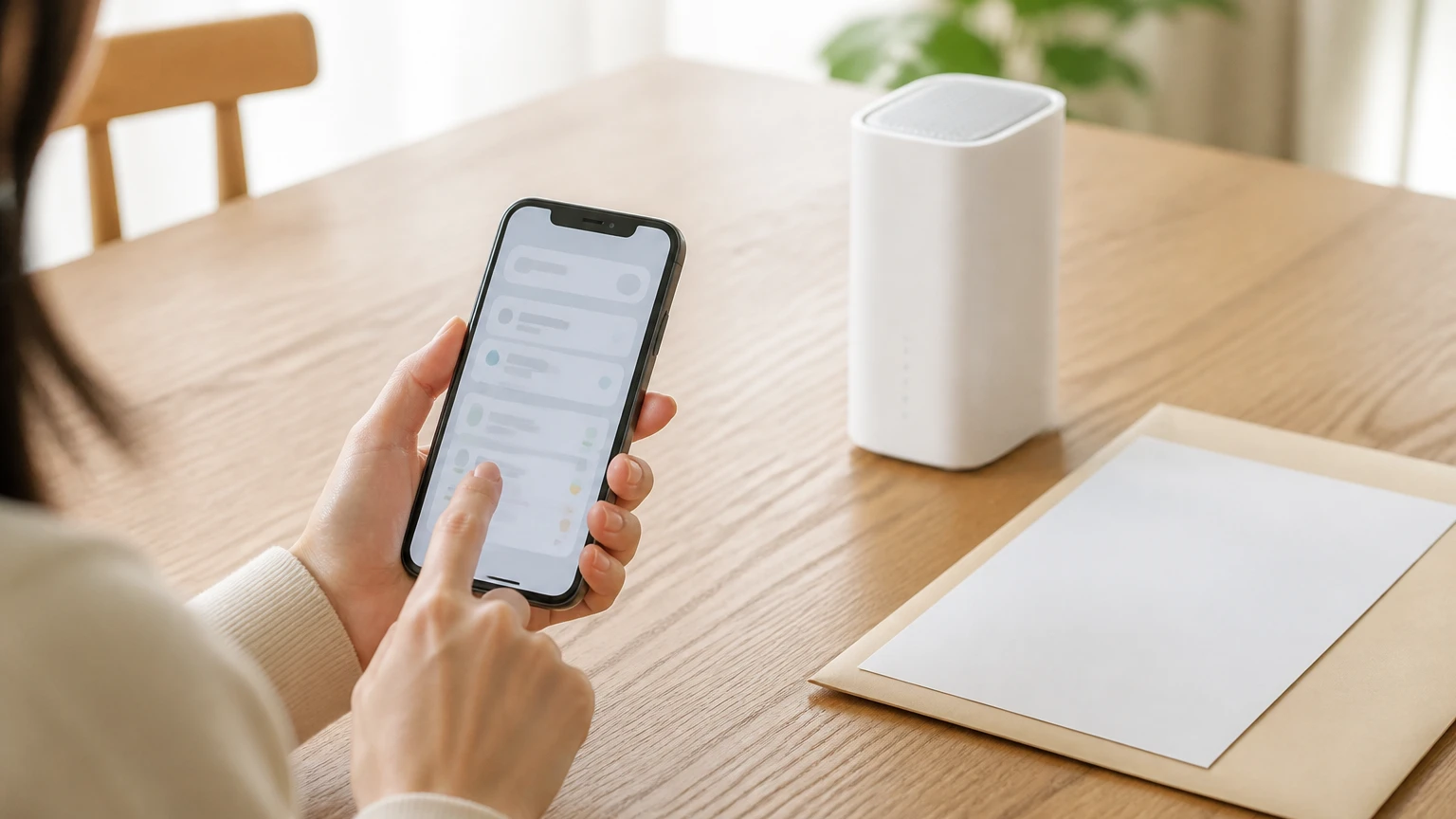 テーブルに置かれたスマートフォンとWi-Fiルーター、契約書類