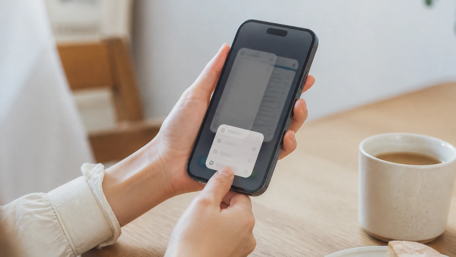 スマートフォンのブラウザのタブを長押しして閉じようとする手元