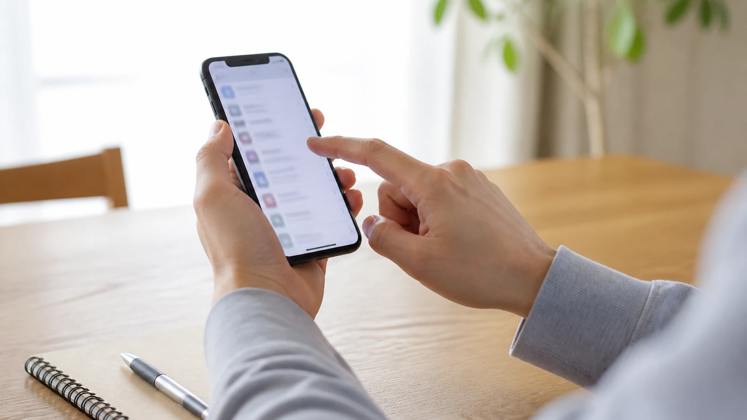 スマートフォンの設定画面で登録内容を一つずつ確認する手元