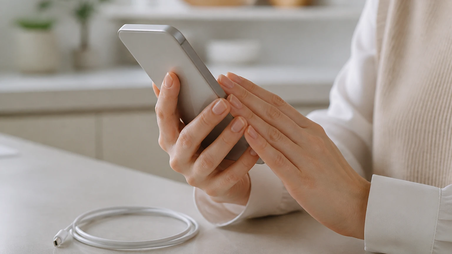 スマートフォンの裏側に手を当てて本体の温かさを確かめる女性の手元