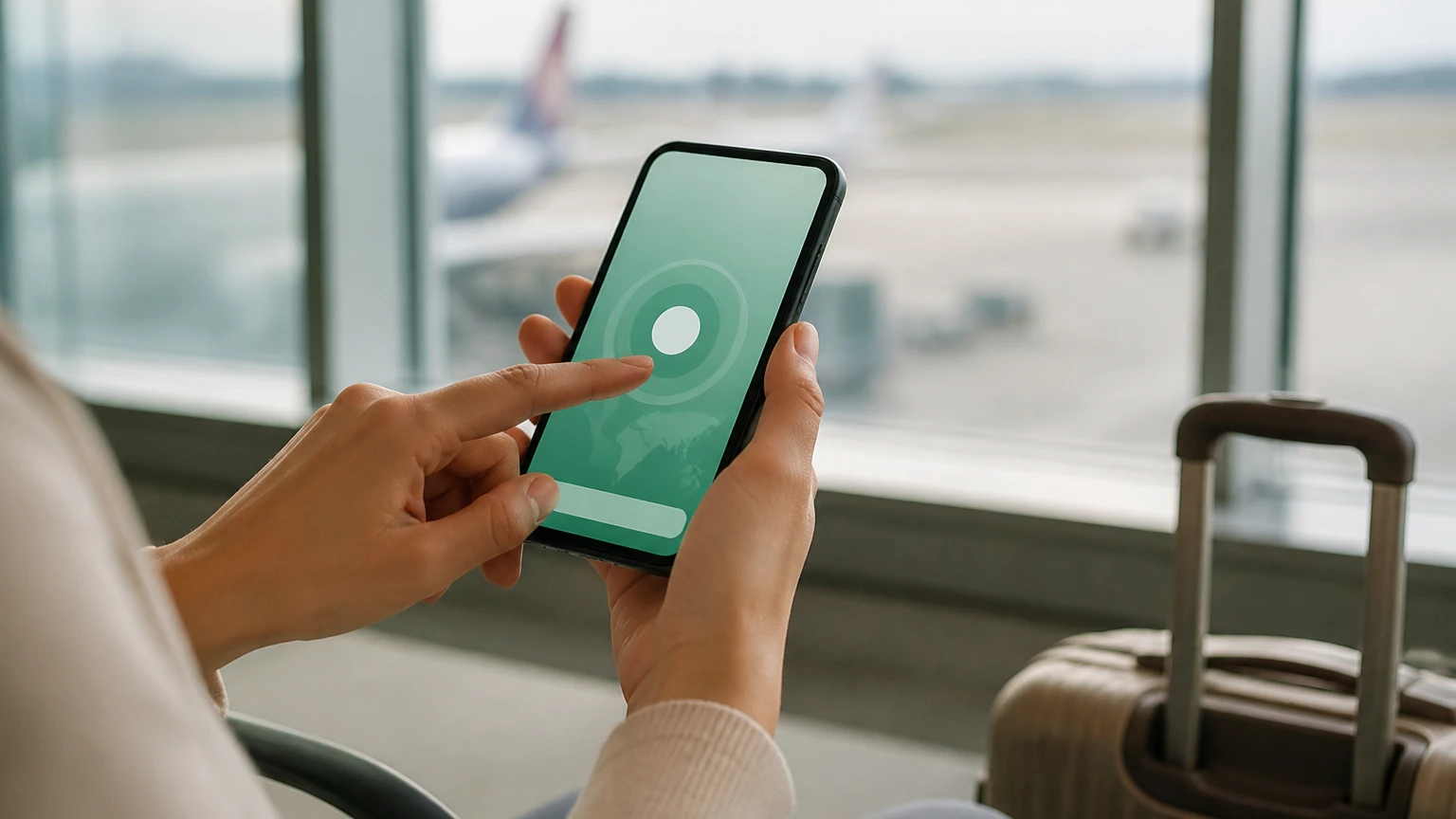 空港でスマートフォンのVPNアプリを接続しようとする手元