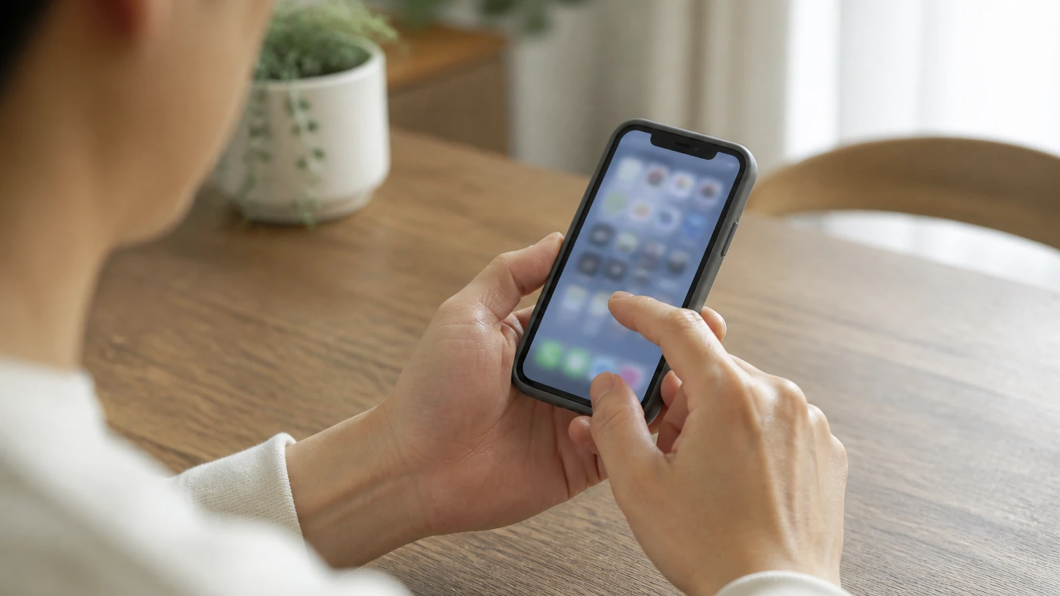 子どものスマートフォンのアプリを消そうとして手を止める保護者